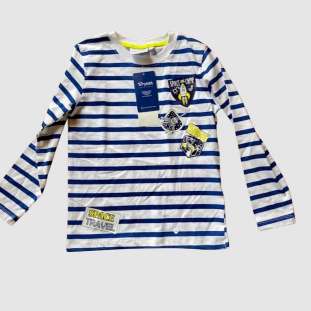 TVMania Striped Space Themed Long Sleeve Shirt Navy & White , NWT- Boys Size 6